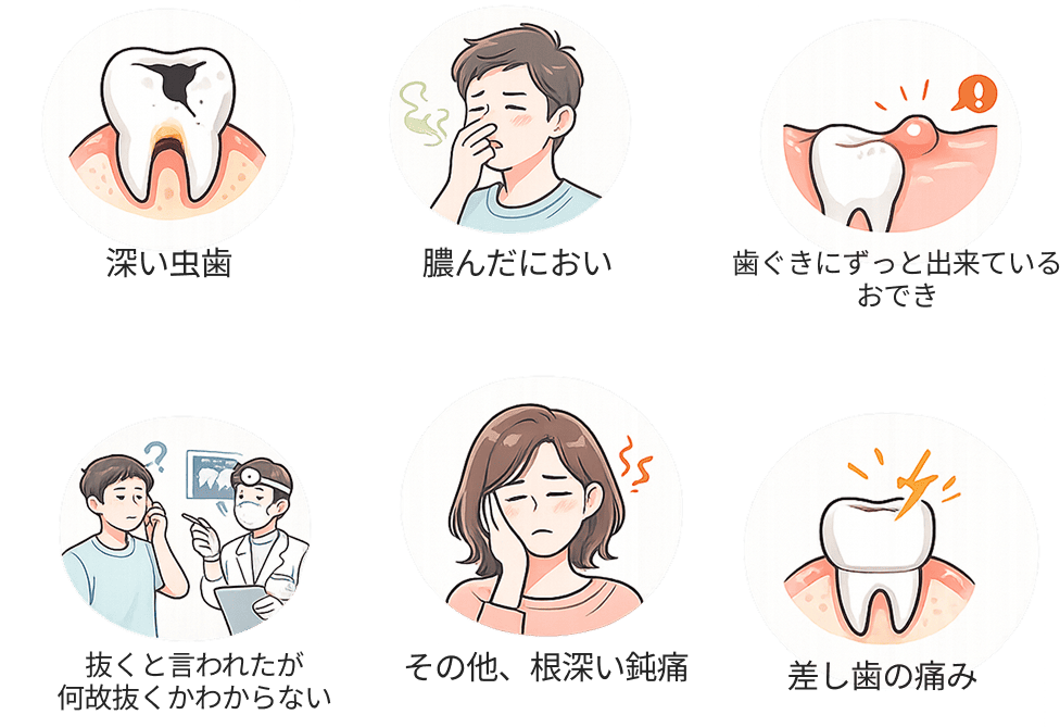 深い虫歯、膿んだにおい、歯ぐきにずっと出来ているおでき、差し歯の痛み、抜くと言われたが何故抜くかわからない、その他根深い鈍痛